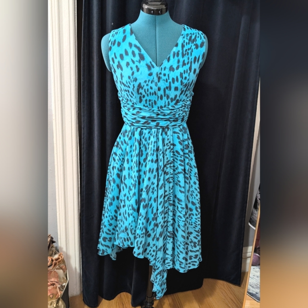 Rachel Roy blue and black asymmetrical handkerchief hem dress, sz 0